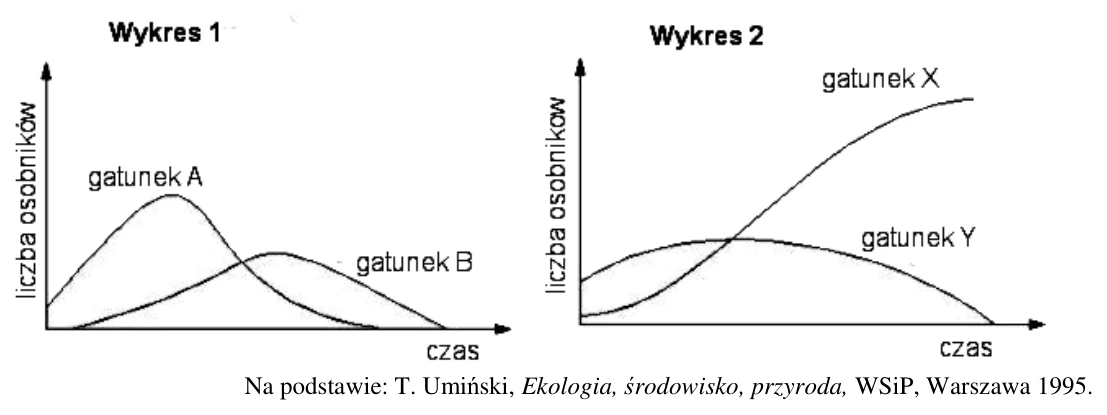 Wykresy zmian liczebności populacji gatunków A i B oraz X i Y w czasie.