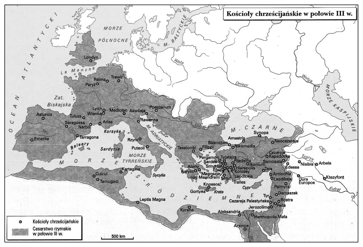 Mapa. Chrześcijaństwo w Cesarstwie Rzymskim w III w.