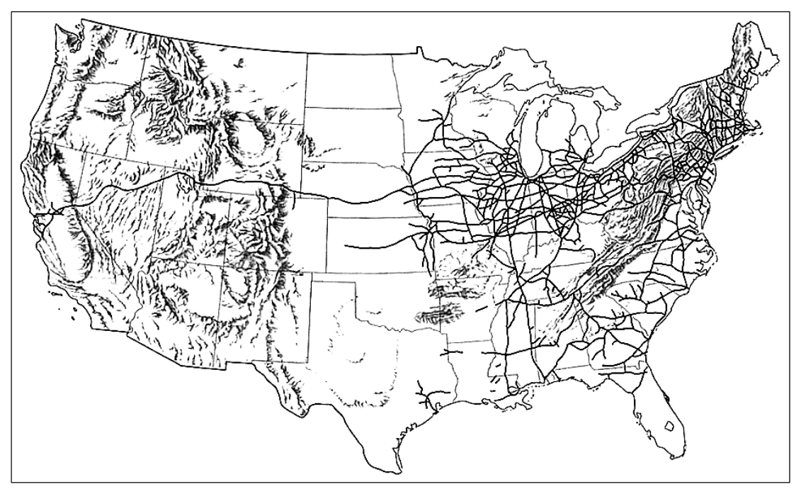 Mapa. Linie kolejowe w USA w 1870 r.